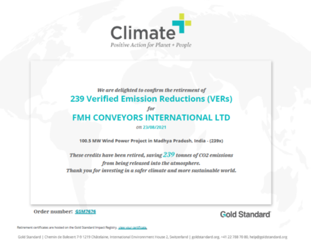 FMH Conveyors International Verified Emission Reductions Certificate