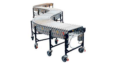 Flexible conveyors featuring five models displayed side by side, including BestFlex Roller, BestFlex200 with skatewheels, PowerFlex15 powered conveyor, and PowerFlex19 heavy-duty powered conveyor.